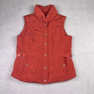 Tribal Puffer Vest Coat Rust Orange Mandarin Collar Size Medium Button Details